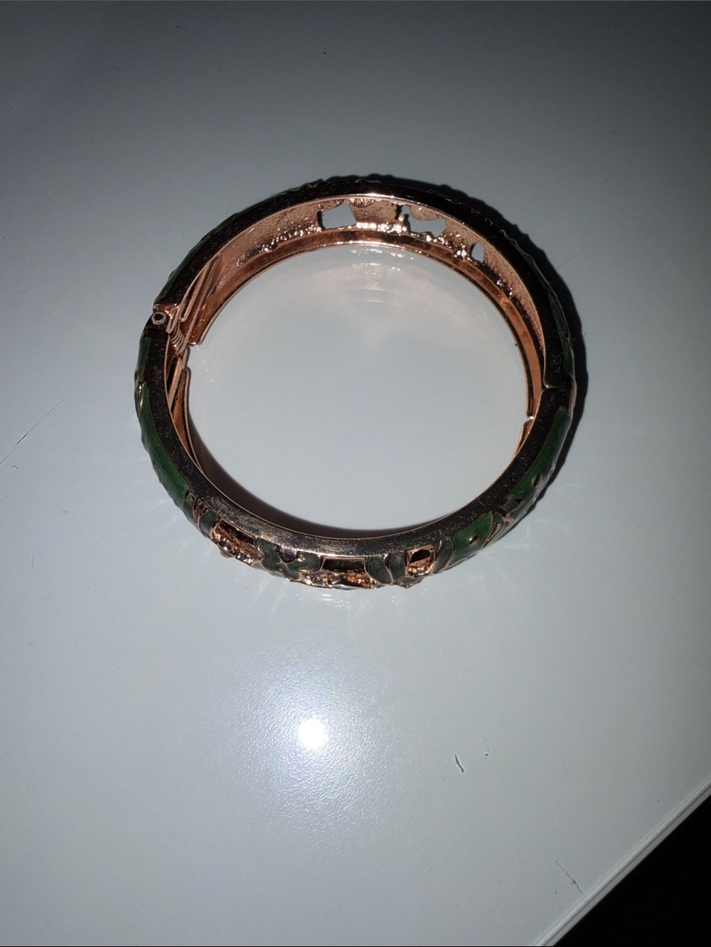 Gold and Green Enamel Hinged Bangle Bracelet